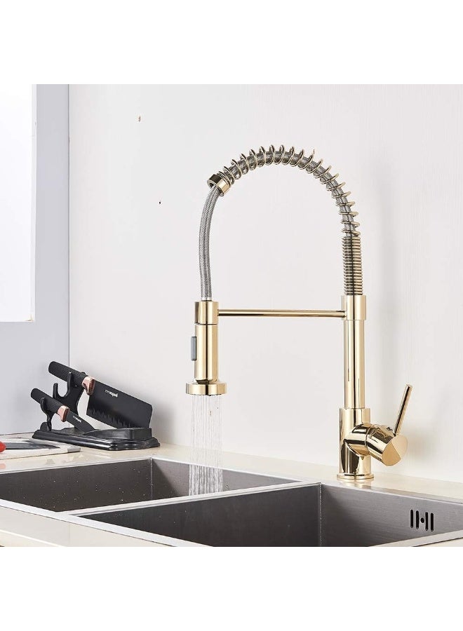 ALMIFTAH Gold Kitchen Sink Mixer Tap | Solid Brass Single Handle Faucet | Commercial Style Single Hole Mixer Tap with Pull Down Sprayer & 360° Swivel Spout - Image 2